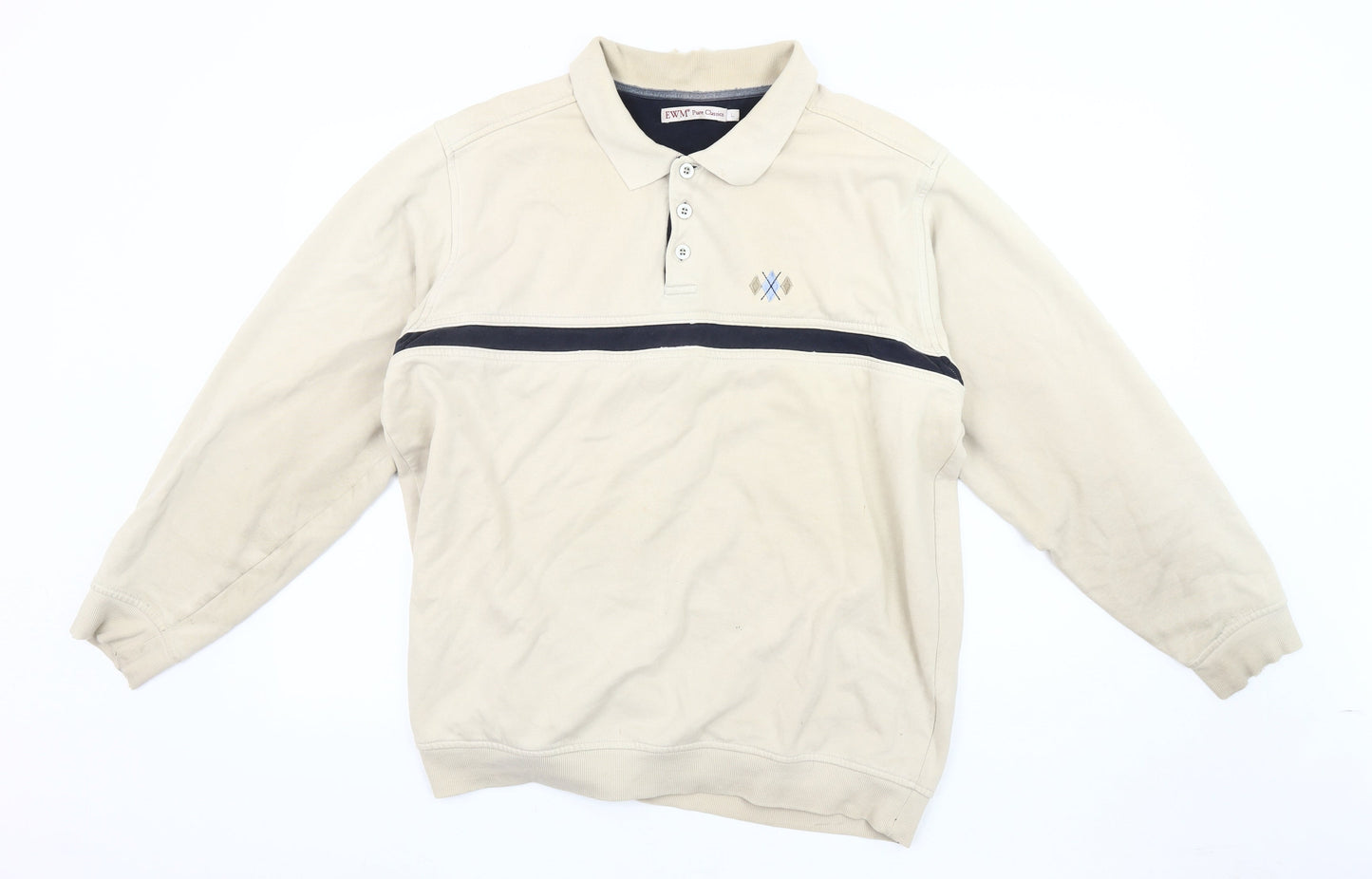 EWM Men's Beige Cotton Long Sleeve Polo - Size L