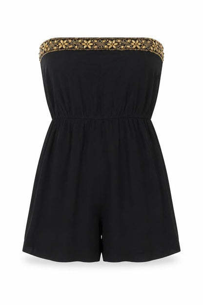 Front view of Rock & Rags Black Beaded Strapless Playsuit, size S