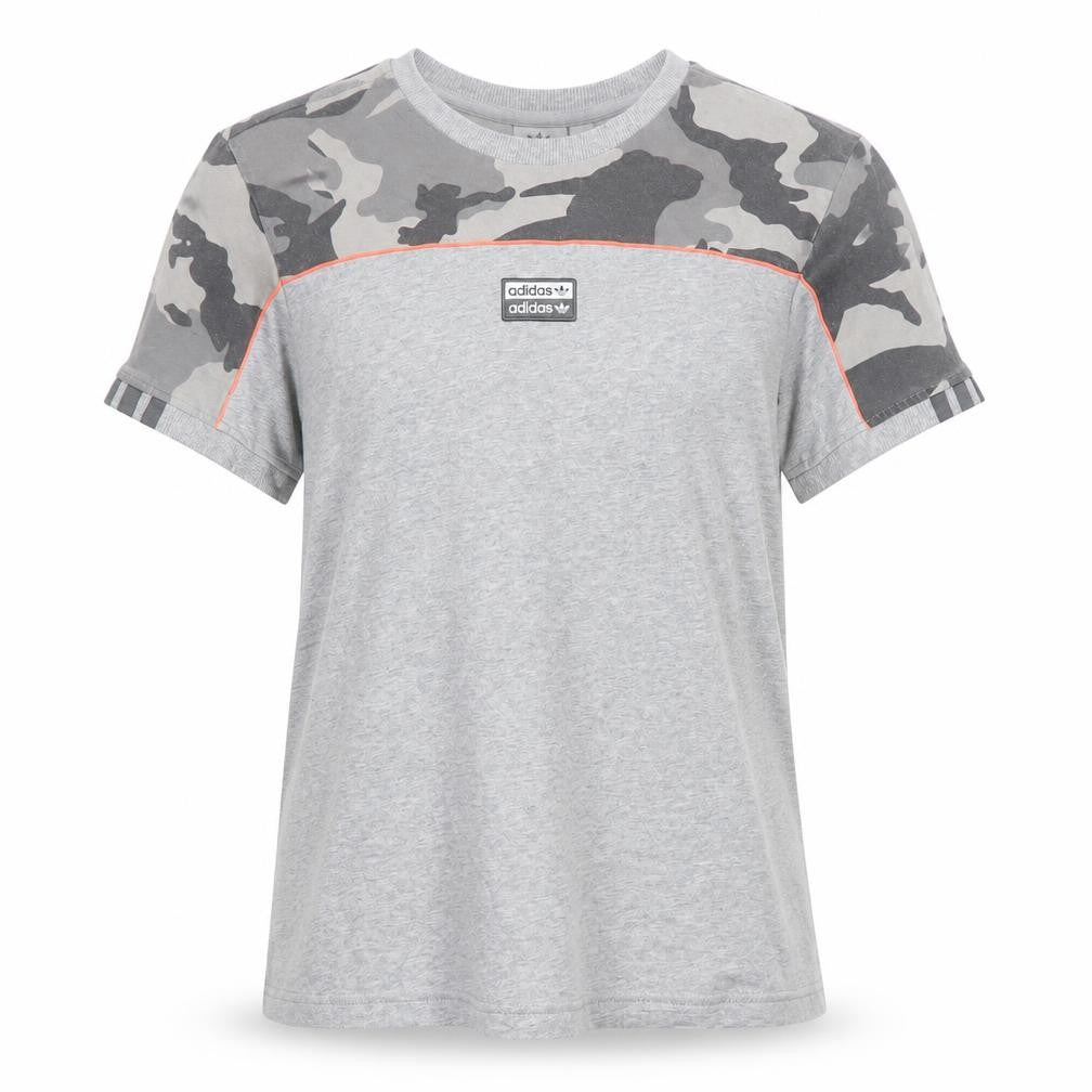 Front view of Adidas unisex grey camouflage t-shirt, size 8