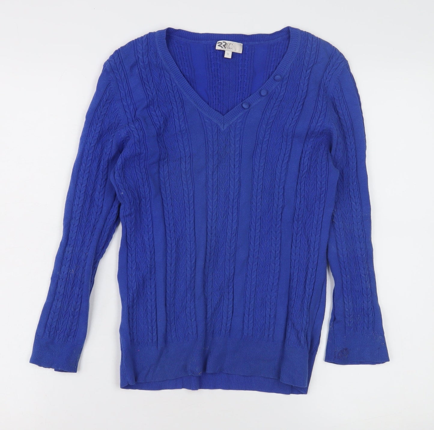 2RCC Women's Blue V-Neck Cable-Knit Jumper M