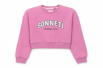 Front view of Sonneti girls’ pink crew neck pullover sweatshirt, 12-13 years