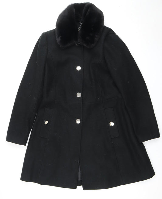 Lipsy Women's Black Fur Trim Overcoat Size 14
