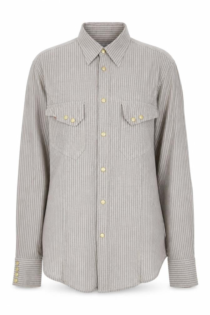 Front view of Paul Smith unisex beige striped linen button-up shirt