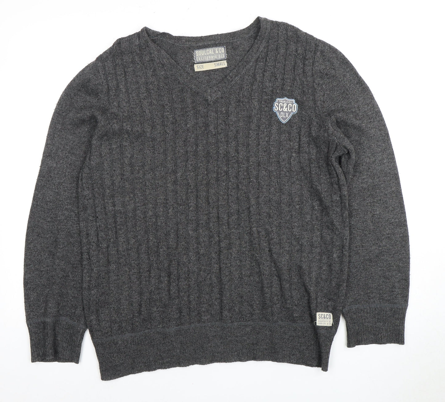 Soulcal & Co Men's Grey V-Neck Cable-Knit Pullover S