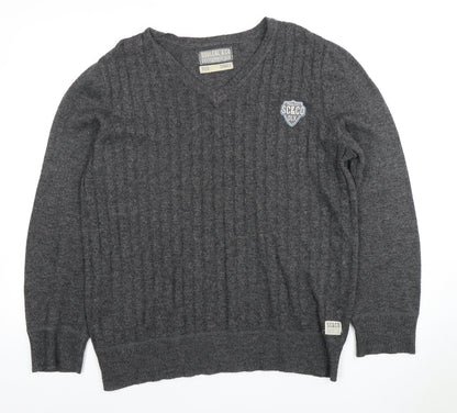 Soulcal & Co Men's Grey V-Neck Cable-Knit Pullover S