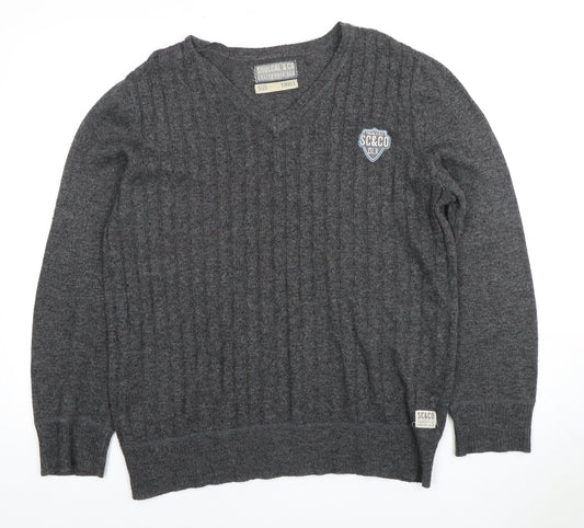 Soulcal & Co Men's Grey V-Neck Cable-Knit Pullover S