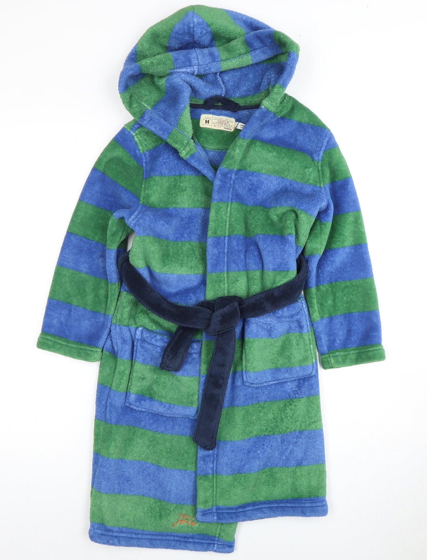 Joules Boys Blue and Green Striped Fleece Robe - Hooded & Belted 5-6 Years