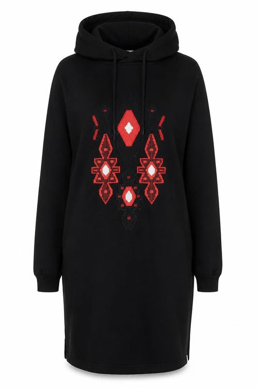 Front view of Billabong Black Hooded Dress M - Geometric Embroidery