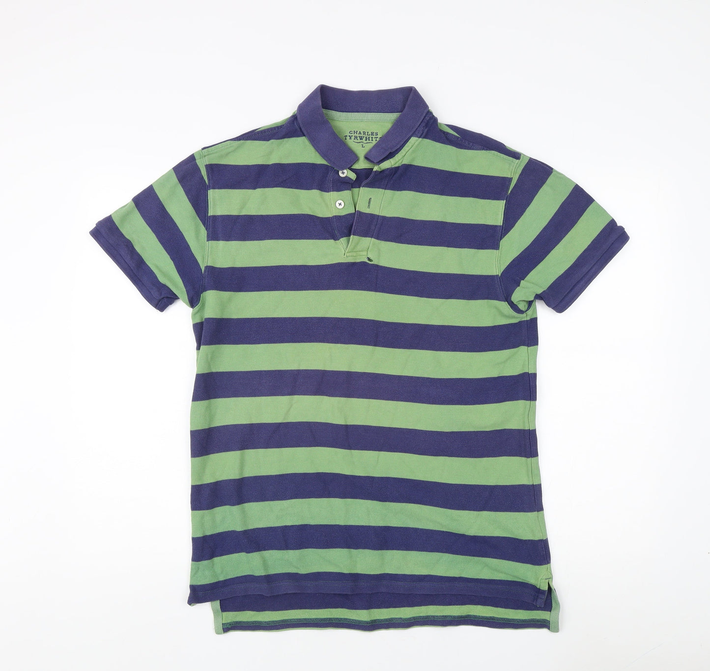 Charles Tyrwhitt Men's Green Striped Polo Shirt - Large