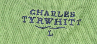 Charles Tyrwhitt Men's Green Striped Polo Shirt - Large