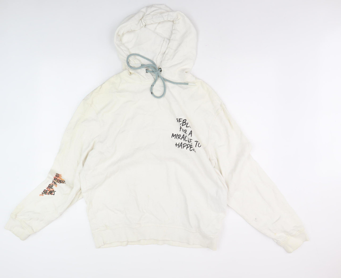 Zara Unisex White Graphic Print Pullover Hoodie S