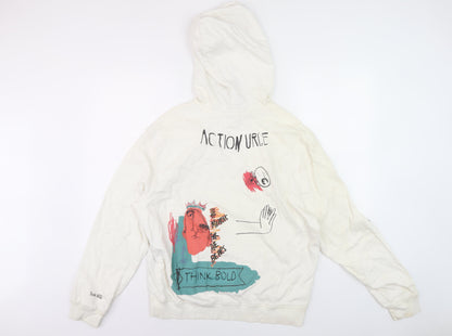 Zara Unisex White Graphic Print Pullover Hoodie S