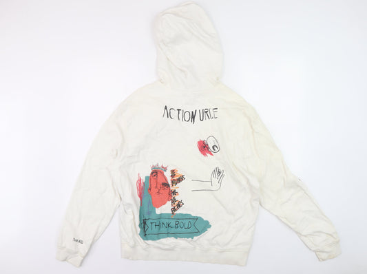 Zara Unisex White Graphic Print Pullover Hoodie S