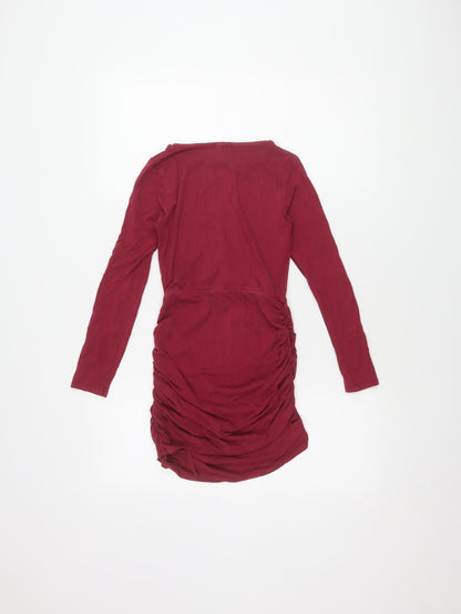 ASOS Petite Red Long Sleeve Ruched Dress UK 8