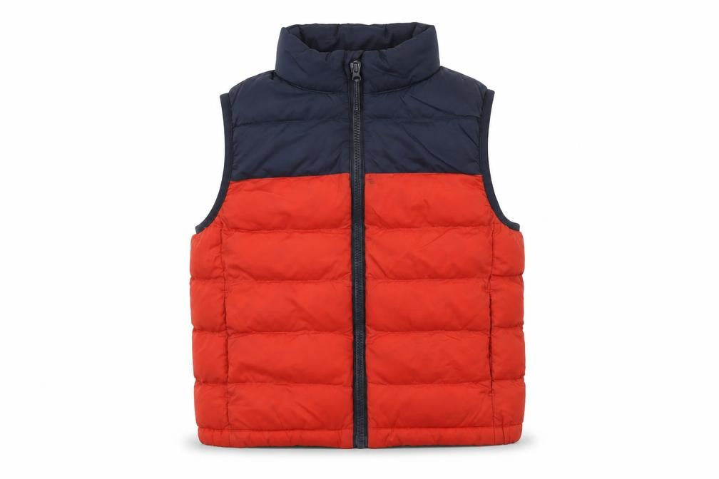 Front view of Uniqlo boys’ red navy puffer jacket, size 12, - stylish & warm
