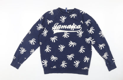 H&M Women's Blue Pullover Sweatshirt, M, Tropical Pattern