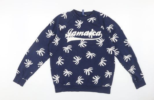 H&M Women's Blue Pullover Sweatshirt, M, Tropical Pattern