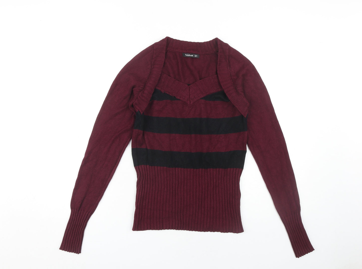 PattyBoutik Women's Red Striped V-Neck Jumper L