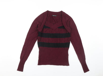 PattyBoutik Women's Red Striped V-Neck Jumper L