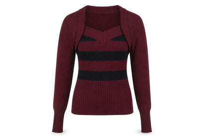 PattyBoutik Women's Red Striped V-Neck Jumper L