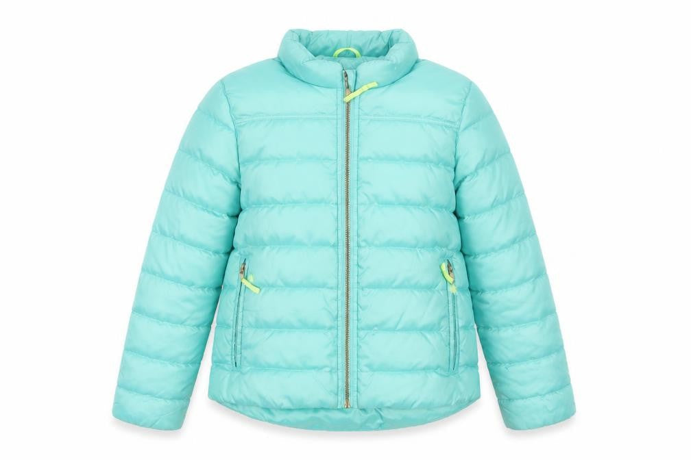 Front view of Crewcuts girls’ blue puffer jacket, size 8