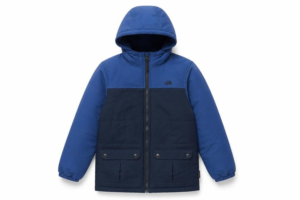 Front view of Trespass boys’ blue hooded puffer jacket 9-10 years