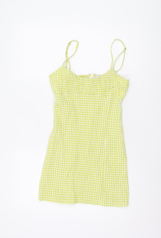 Pull & Bear Women's Short Green Slip Dress, Size 6, Gingham