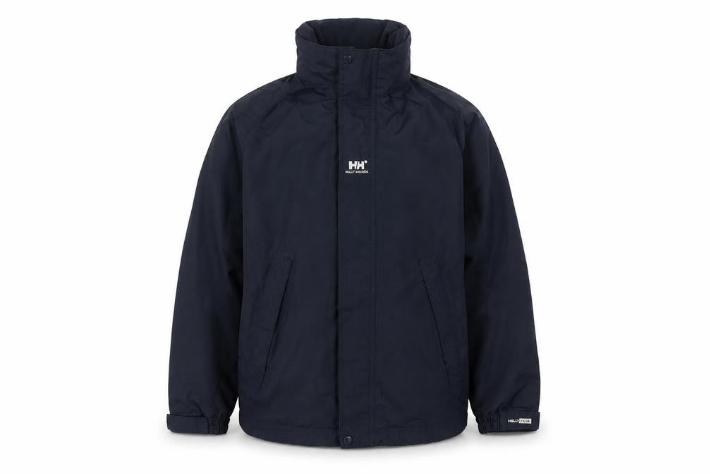 Front view of Helly Hansen boys’ blue basic jacket, size 16y, water resistant
