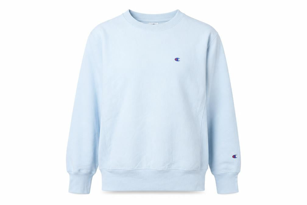 Front view of Champion unisex blue sweatshirt, size 6, lightweight casual