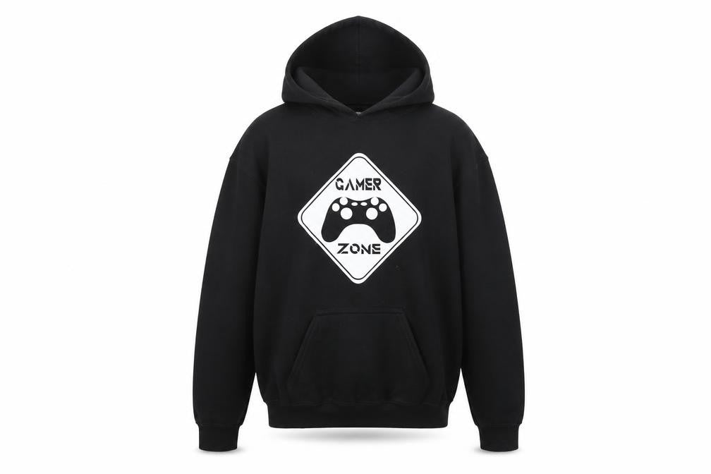 Front view of Gildan boys’ black gamer hooded pullover sweatshirt xl