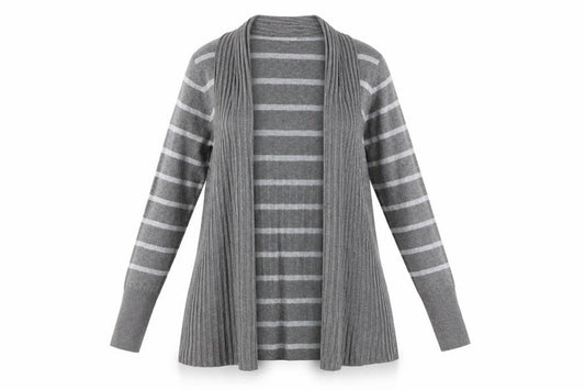 Front view of Soon Women's Grey Striped Open Front Cardigan, size 16