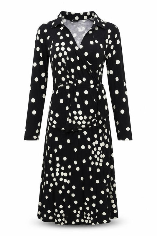 Front view of Friends Like These Black Polka Dot Dress, size 12