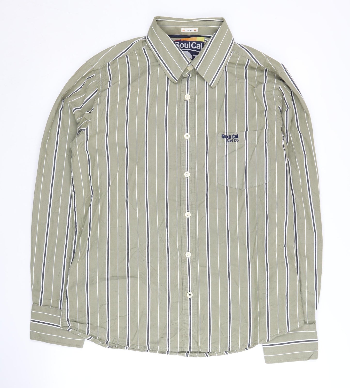 Soul Cal Men's Green Striped Button-Up Shirt L