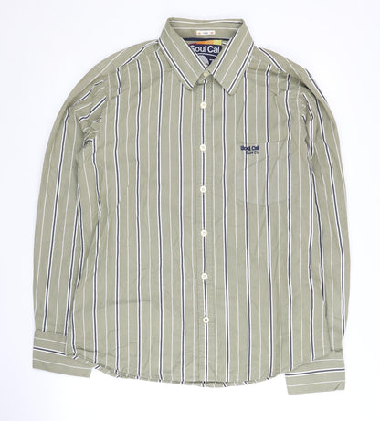 Soul Cal Men's Green Striped Button-Up Shirt L