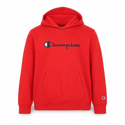 Front view of Champion boys’ red pullover hoodie, size L, logo accent
