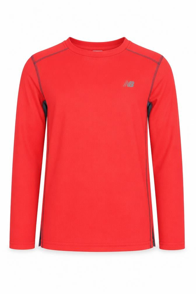 Front view of New Balance boys’ red long sleeve pullover t-shirt m