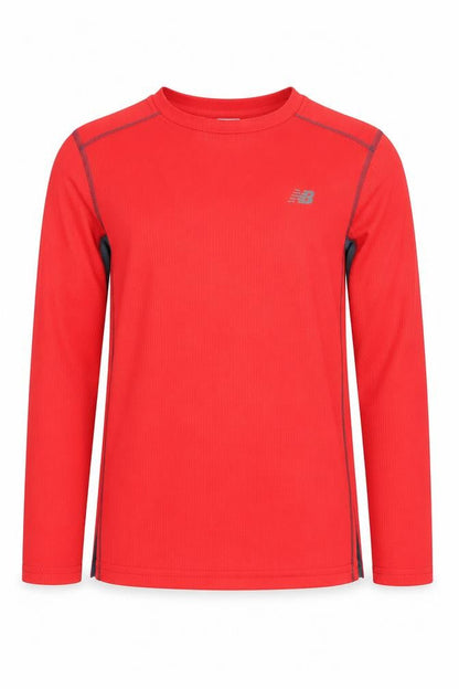 Front view of New Balance boys’ red long sleeve pullover t-shirt m