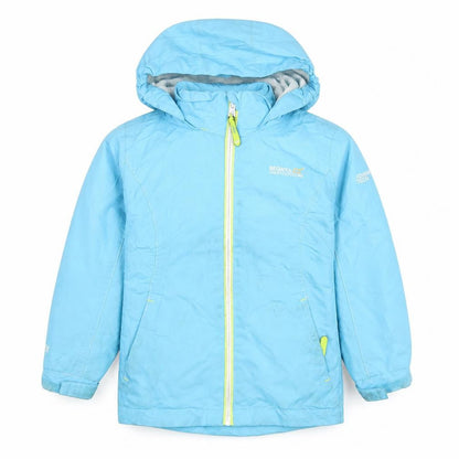 Front view of Regatta boys’ blue waterproof jacket 3-4 years hooded