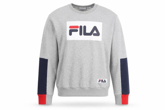 Front view of Fila unisex grey logo sweatshirt, size S, pullover