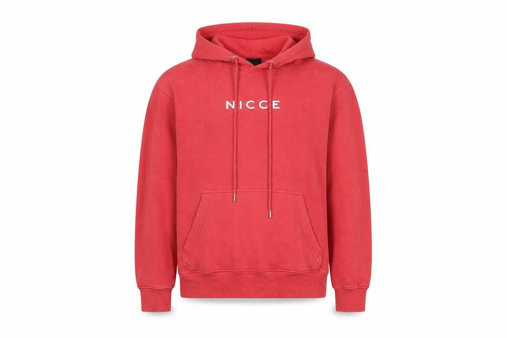 Front view of NICCE unisex red hoodie - s, drawstring pullover