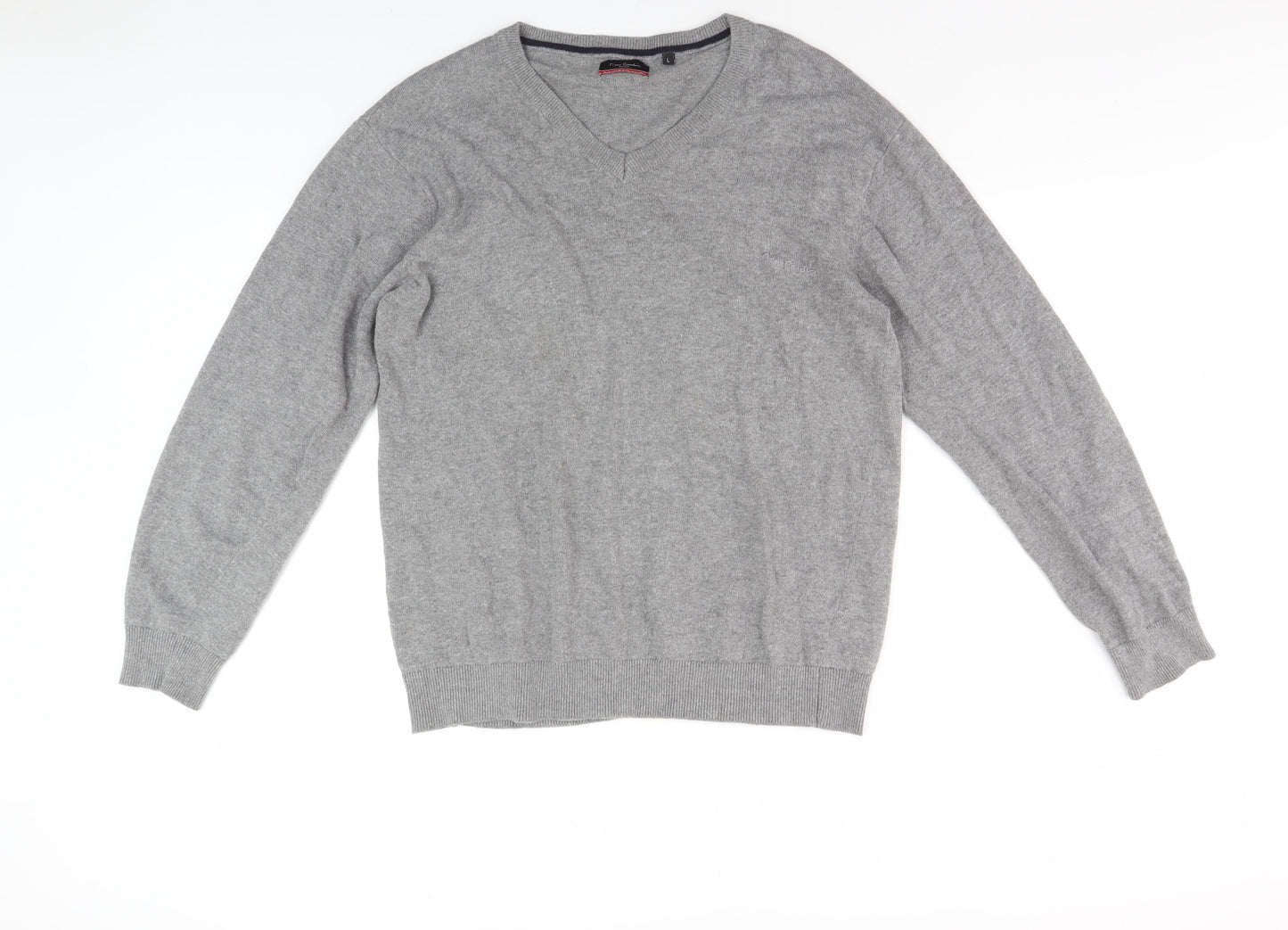 Pierre Cardin Men's Grey Cotton V-Neck Pullover Jumper Large