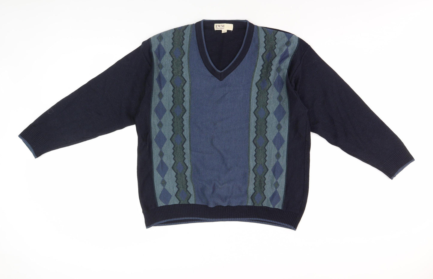 EWM Men's Blue Argyle V-Neck Pullover Jumper, L