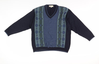 EWM Men's Blue Argyle V-Neck Pullover Jumper, L