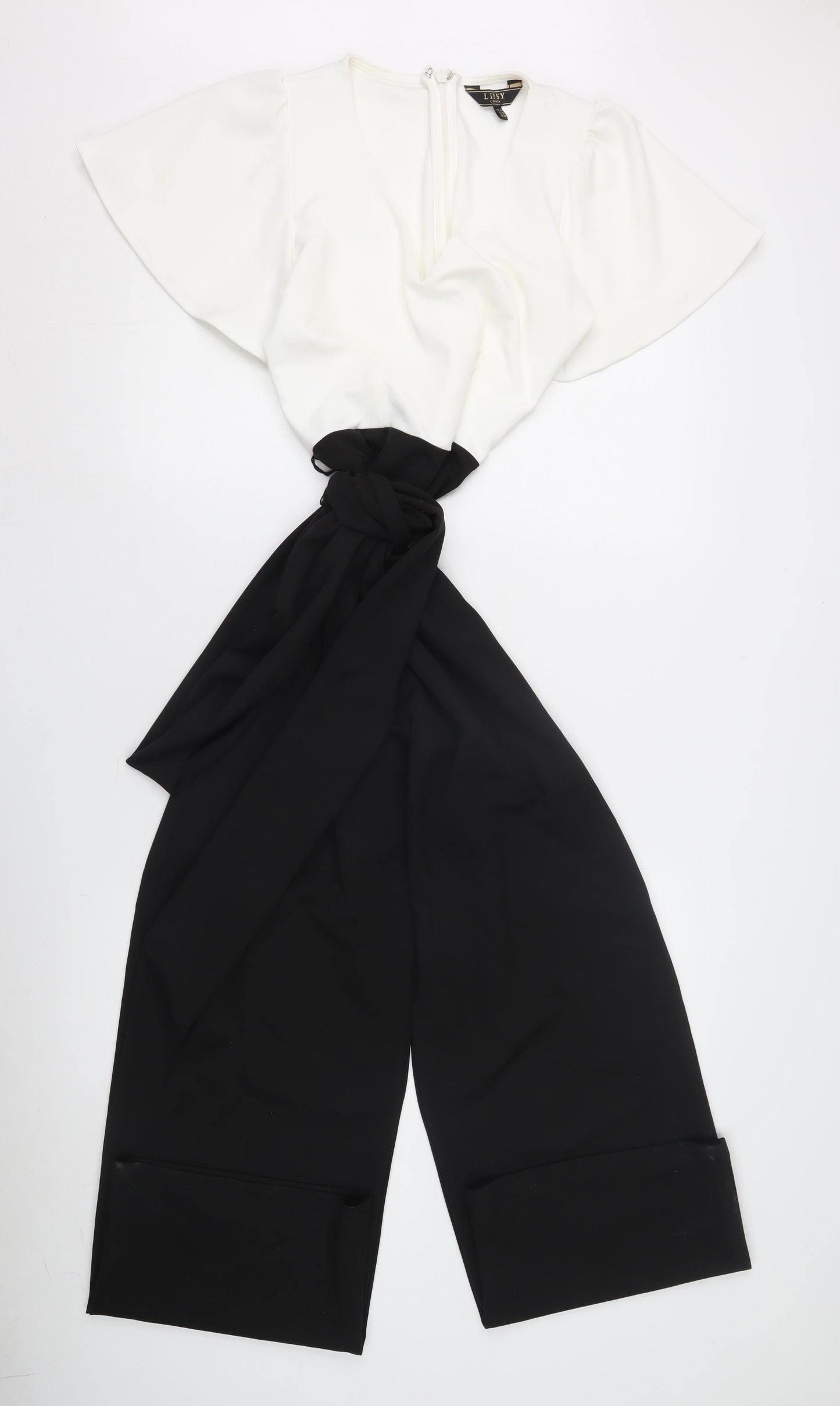 Lipsy Women's Black/Ivory V-Neck Jumpsuit, Flutter Sleeve