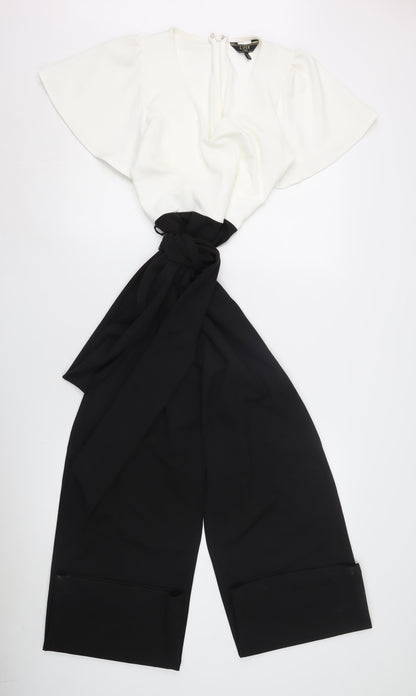 Lipsy Women's Black/Ivory V-Neck Jumpsuit, Flutter Sleeve