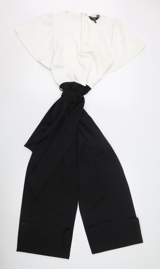 Lipsy Women's Black/Ivory V-Neck Jumpsuit, Flutter Sleeve
