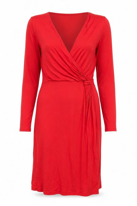 Front view of Boden Women's Red Wrap Dress, size 10, Viscose Jersey