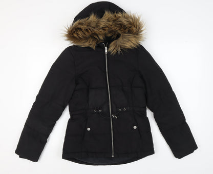 H&M Women's Black Puffer Jacket XS Fur Trim