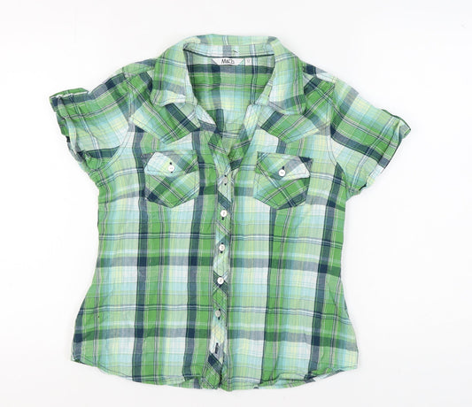 M&Co Women's Green Plaid Button-Up Cropped Shirt Size 12