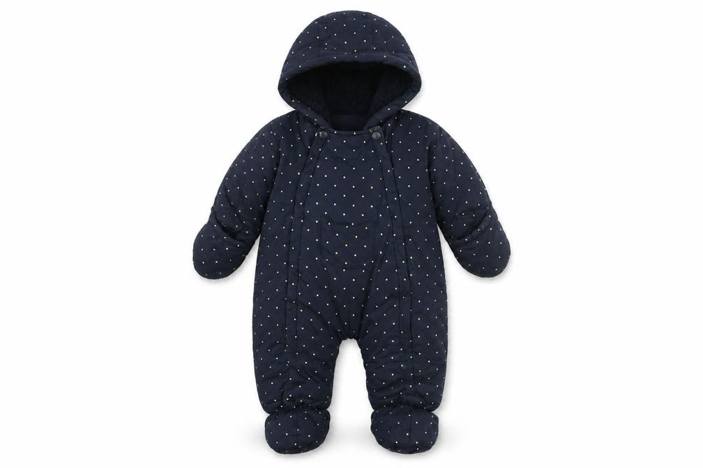 Front view of Kiabi Blue unisex baby snowsuit, 0-3 months, polka dot pattern